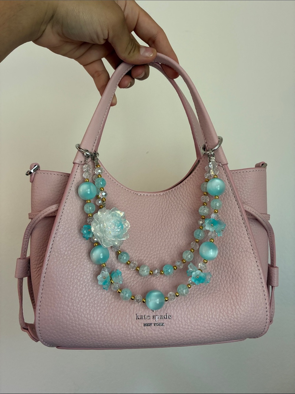 Aqua Beaded Flower Statement Bag Chain